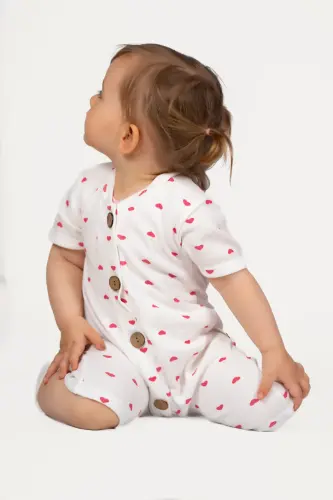 Kısa Kollu Tahta Düğmeli Organik Tulum Bebek Takım - Kalpli - 2