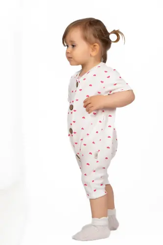 Kısa Kollu Tahta Düğmeli Organik Tulum Bebek Takım - Kalpli - 4