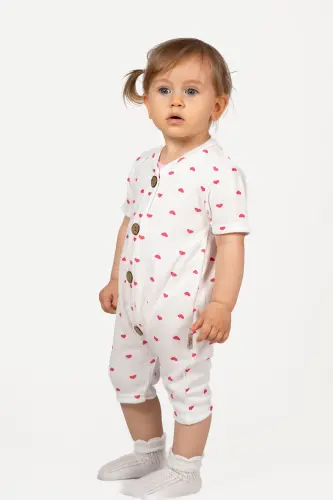 Kısa Kollu Tahta Düğmeli Organik Tulum Bebek Takım-Kalpli 