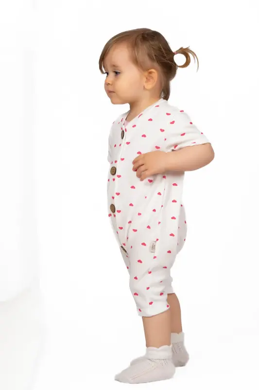 Kısa Kollu Tahta Düğmeli Organik Tulum Bebek Takım-Kalpli - 4