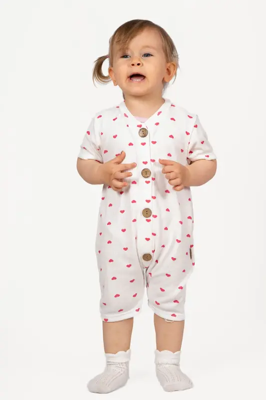 Kısa Kollu Tahta Düğmeli Organik Tulum Bebek Takım-Kalpli - 6