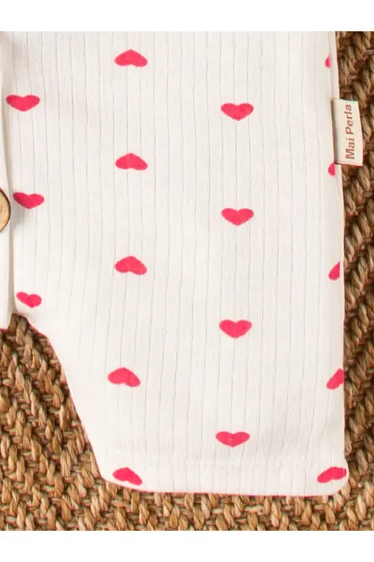 Kısa Kollu Tahta Düğmeli Organik Tulum Bebek Takım-Kalpli - 7