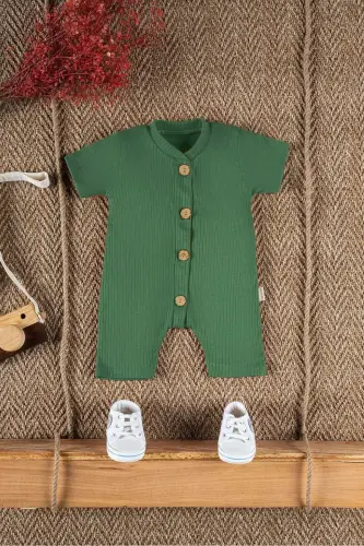 Kısa Kollu Tahta Düğmeli Organik Tulum Bebek Takım-Koyu Yeşil 