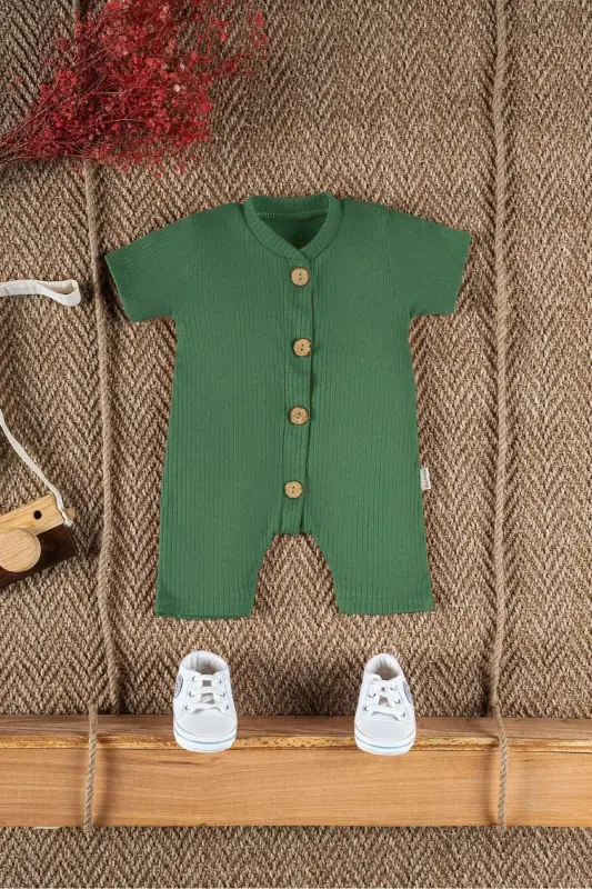 Kısa Kollu Tahta Düğmeli Organik Tulum Bebek Takım-Koyu Yeşil - 1