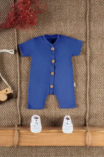 Kısa Kollu Tahta Düğmeli Organik Tulum Bebek Takım-Lacivert 