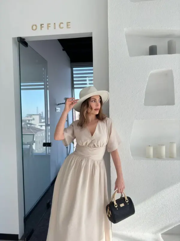 Kısa Kollu Uzun Elbise - Kırık Beyaz - 3