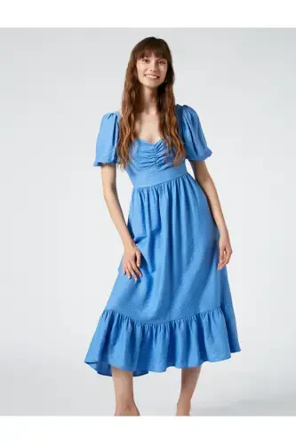 Kısa Viskon Elbise Balon Kol Kalp Yaka - Koton (1)