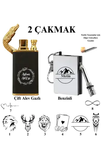 Kişiye Özel 2'li Çakmak 1 Adet Çift Alev Gazlı + 1 Adet Benzinli Çakmak Tasarım ve İsimli-Metalik Çakmak - FARIST (1)