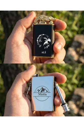 Kişiye Özel 2'li Çakmak 1 Adet Çift Alev Gazlı + 1 Adet Benzinli Çakmak Tasarım ve İsimli-Metalik Çakmak 