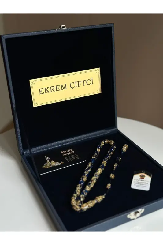 Özel Yazılı, Özel Kutulu Altın Parçacıklı Tesbih Erkek Hediye Sertifikalı Kişiye Özel İsimli-lacıvert - KEHRIBARSTORE