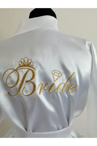 Kişiye Özel Bride Nakışlı Otrişli Gelin Sabahlığı - Beyaz - CEREMONIST (1)