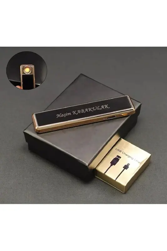 Kişiye Özel Hediyelik Çakmak Tasarım ve İsim Baskılı Usb Şarjlı Alevsiz-Siyah Cam Çakmak - 6