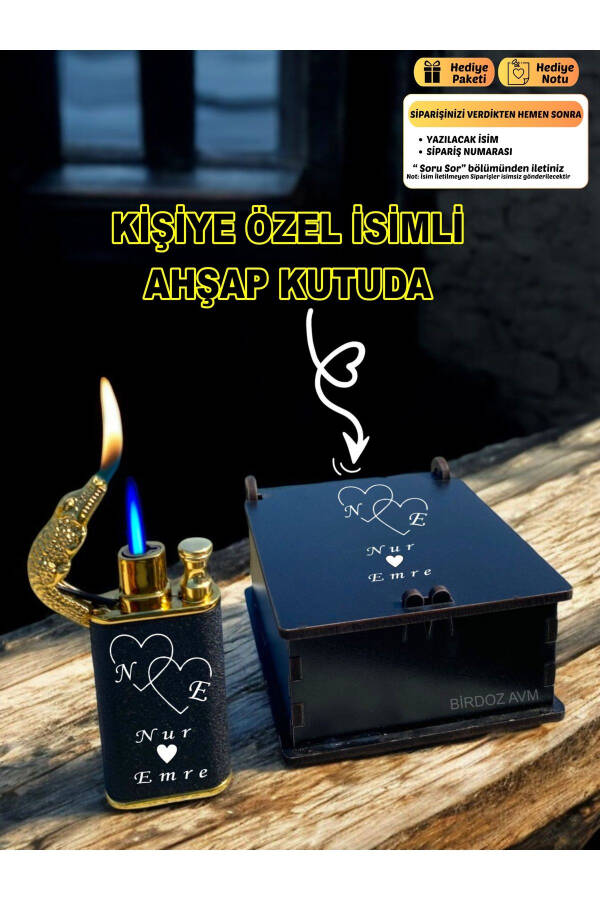 Kişiye Özel Isimli Hediyelik Sevgililer Günü Özel Tasarım Timsah Çakmak & Özel Ahşap Kutu-ÇİFTKALP - 1