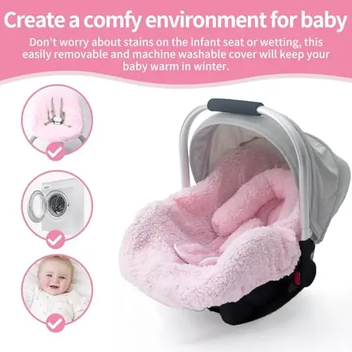 Winter Baby Car Seat Cover, Infant Car Seat Liner with Plush Fleece, Infant Insert for Baby Carseat, Warm Carseat Cover for Cold Weather, Baby Carrier Cover Liner Replacement for Newborn Shower Party - 3