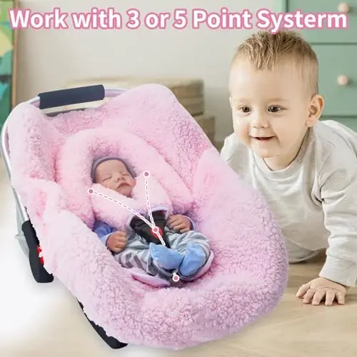 Winter Baby Car Seat Cover, Infant Car Seat Liner with Plush Fleece, Infant Insert for Baby Carseat, Warm Carseat Cover for Cold Weather, Baby Carrier Cover Liner Replacement for Newborn Shower Party - 4
