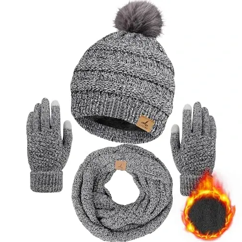 Winter Beanie Hat Scarf Gloves Set, Soft Warm Knit Hat Warm Touchscreen Gloves Neck Warmer Thick Knitted Scarves for Women - 1