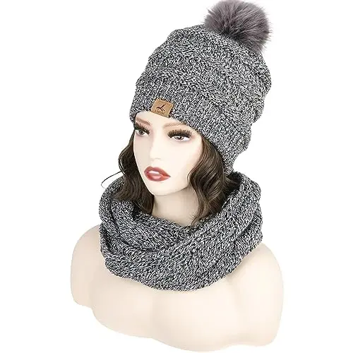 Winter Beanie Hat Scarf Gloves Set, Soft Warm Knit Hat Warm Touchscreen Gloves Neck Warmer Thick Knitted Scarves for Women - 2