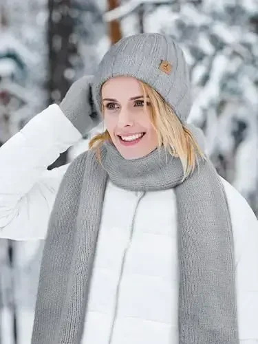 Winter Beanie Hat Scarf Gloves, Warm Fleece Knit Hat Long Scarf Neck Warmer Touch Screen Winter Gloves Set Gifts for Women - 5