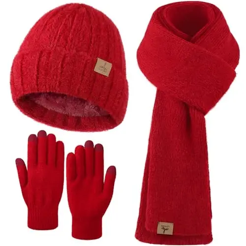 Winter Beanie Hat Scarf Gloves, Warm Fleece Knit Hat Long Scarf Neck Warmer Touch Screen Winter Gloves Set Gifts for Women - 1
