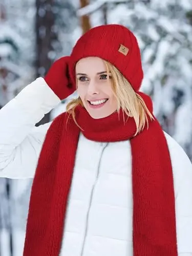 Winter Beanie Hat Scarf Gloves, Warm Fleece Knit Hat Long Scarf Neck Warmer Touch Screen Winter Gloves Set Gifts for Women - 5