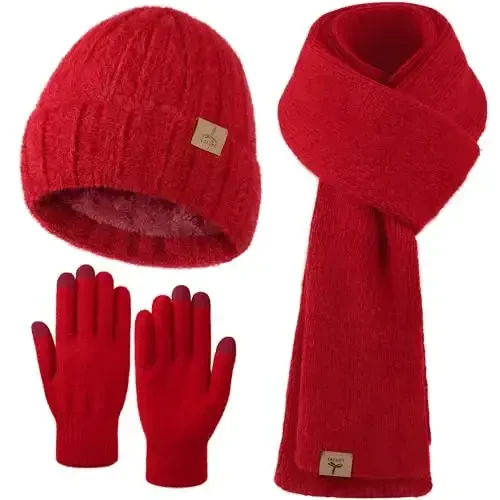 Winter Beanie Hat Scarf Gloves, Warm Fleece Knit Hat Long Scarf Neck Warmer Touch Screen Winter Gloves Set Gifts for Women - 1