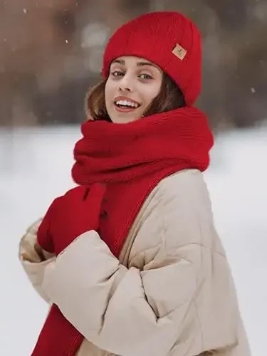 Winter Beanie Hat Scarf Gloves, Warm Fleece Knit Hat Long Scarf Neck Warmer Touch Screen Winter Gloves Set Gifts for Women - 6