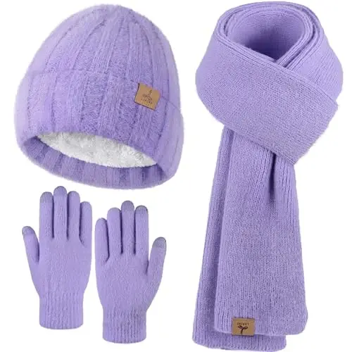 Winter Beanie Hat Scarf Gloves, Warm Fleece Knit Hat Long Scarf Neck Warmer Touch Screen Winter Gloves Set Gifts for Women - 1
