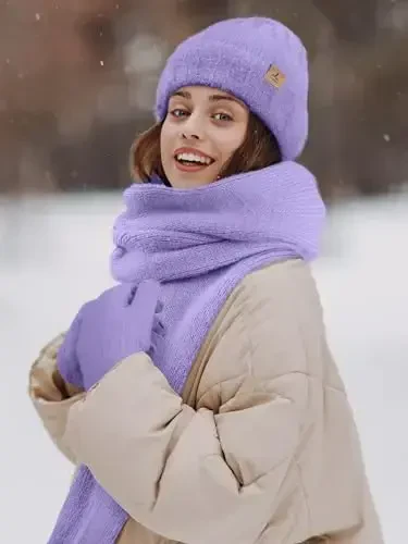 Winter Beanie Hat Scarf Gloves, Warm Fleece Knit Hat Long Scarf Neck Warmer Touch Screen Winter Gloves Set Gifts for Women - 6