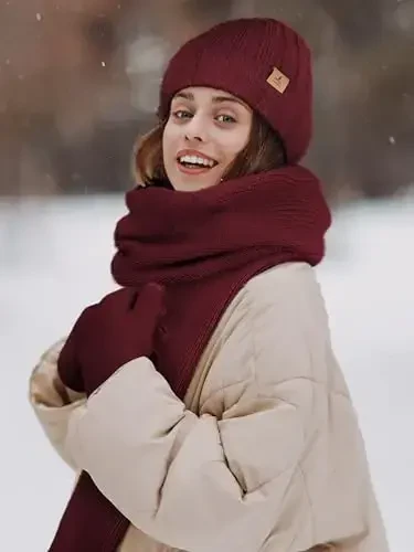 Winter Beanie Hat Scarf Gloves, Warm Fleece Knit Hat Long Scarf Neck Warmer Touch Screen Winter Gloves Set Gifts for Women - 6