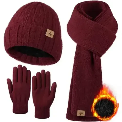 Winter Beanie Hat Scarf Gloves, Warm Fleece Knit Hat Long Scarf Neck Warmer Touch Screen Winter Gloves Set Gifts for Women - 1