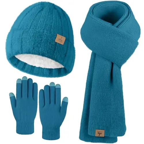 Winter Beanie Hat Scarf Gloves, Warm Fleece Knit Hat Long Scarf Neck Warmer Touch Screen Winter Gloves Set Gifts for Women - 1