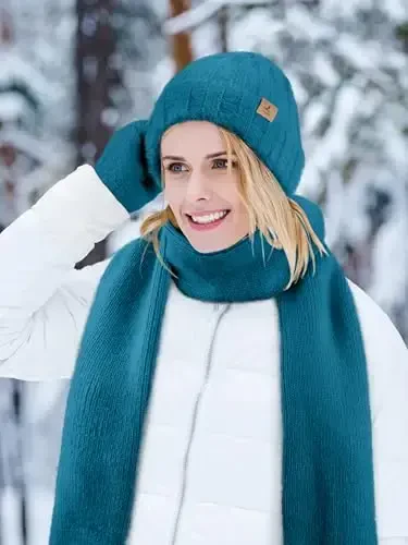 Winter Beanie Hat Scarf Gloves, Warm Fleece Knit Hat Long Scarf Neck Warmer Touch Screen Winter Gloves Set Gifts for Women - 5