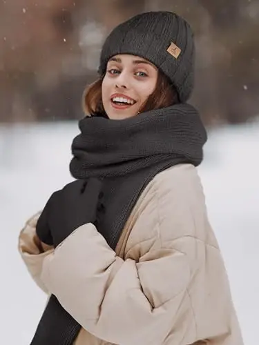 Winter Beanie Hat Scarf Gloves, Warm Fleece Knit Hat Long Scarf Neck Warmer Touch Screen Winter Gloves Set Gifts for Women - 6