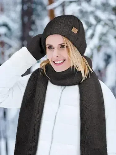 Winter Beanie Hat Scarf Gloves, Warm Fleece Knit Hat Long Scarf Neck Warmer Touch Screen Winter Gloves Set Gifts for Women - 5
