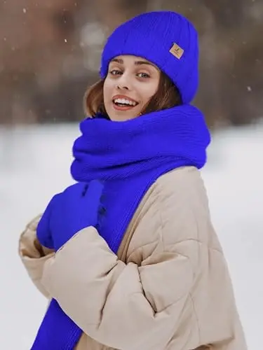 Winter Beanie Hat Scarf Gloves, Warm Fleece Knit Hat Long Scarf Neck Warmer Touch Screen Winter Gloves Set Gifts for Women - 6