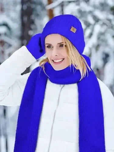 Winter Beanie Hat Scarf Gloves, Warm Fleece Knit Hat Long Scarf Neck Warmer Touch Screen Winter Gloves Set Gifts for Women - 5