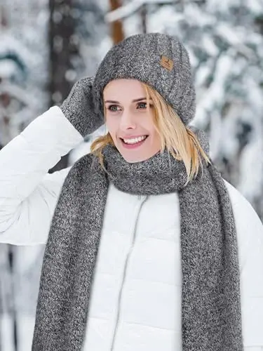 Winter Beanie Hat Scarf Gloves, Warm Fleece Knit Hat Long Scarf Neck Warmer Touch Screen Winter Gloves Set Gifts for Women - 5