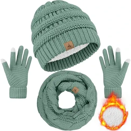 Winter Beanie Hat Scarf Gloves, Warm Fleece Knit Hats Touch Screen Gloves Neck Scarf Set Winter Gifts for Unisex Adult - WINTER