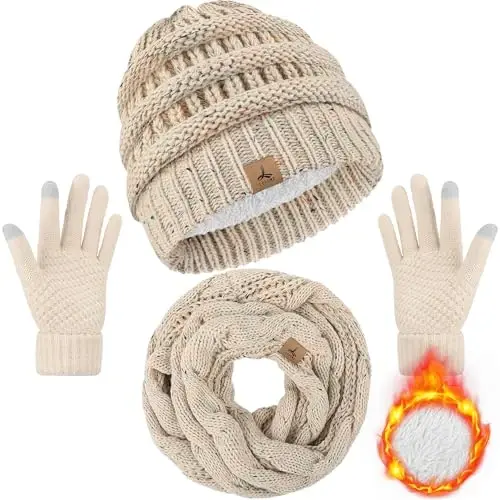 Winter Beanie Hat Scarf Gloves, Warm Fleece Knit Hats Touch Screen Gloves Neck Scarf Set Winter Gifts for Unisex Adult - 1