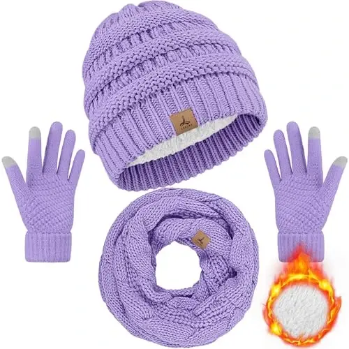 Winter Beanie Hat Scarf Gloves, Warm Fleece Knit Hats Touch Screen Gloves Neck Scarf Set Winter Gifts for Unisex Adult - 1