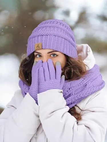 Winter Beanie Hat Scarf Gloves, Warm Fleece Knit Hats Touch Screen Gloves Neck Scarf Set Winter Gifts for Unisex Adult - 6