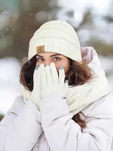 Winter Beanie Hat Scarf Gloves, Warm Fleece Knit Hats Touch Screen Gloves Neck Scarf Set Winter Gifts for Unisex Adult - 6