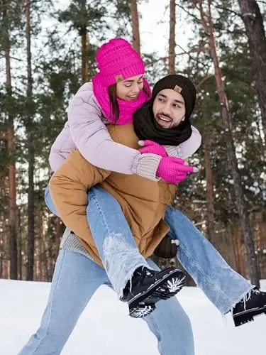 Kışlık Bere Şapka Atkı Eldiven, Sıcak Polar Örme Şapkalar Dokunmatik Ekran Eldiven Boyun Atkısı Seti Unisex Yetişkin için Kış Hediyeleri - 5