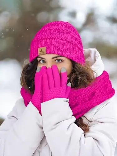 Kışlık Bere Şapka Atkı Eldiven, Sıcak Polar Örme Şapkalar Dokunmatik Ekran Eldiven Boyun Atkısı Seti Unisex Yetişkin için Kış Hediyeleri - 6