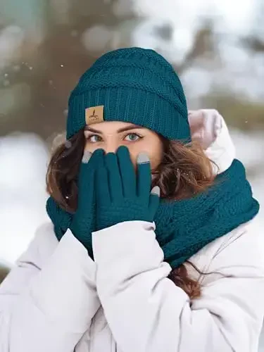 Winter Beanie Hat Scarf Gloves, Warm Fleece Knit Hats Touch Screen Gloves Neck Scarf Set Winter Gifts for Unisex Adult - 6