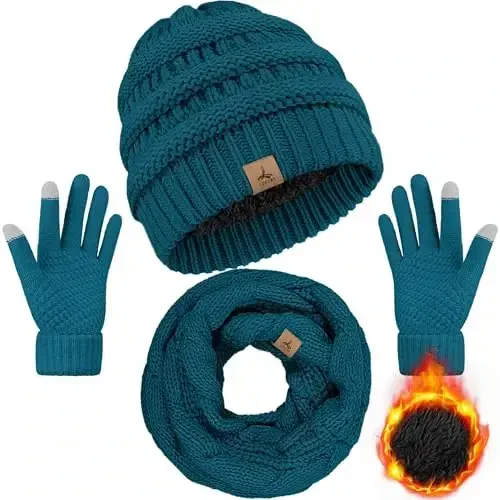 Winter Beanie Hat Scarf Gloves, Warm Fleece Knit Hats Touch Screen Gloves Neck Scarf Set Winter Gifts for Unisex Adult - LOROME