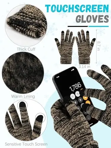 Winter Beanie Hat Scarf Gloves, Warm Fleece Knit Hats Touch Screen Gloves Neck Scarf Set Winter Gifts for Unisex Adult - 3