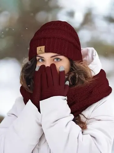 Kışlık Bere Şapka Atkı Eldiven, Sıcak Polar Örme Şapkalar Dokunmatik Ekran Eldiven Boyun Atkısı Seti Unisex Yetişkin için Kış Hediyeleri - 6