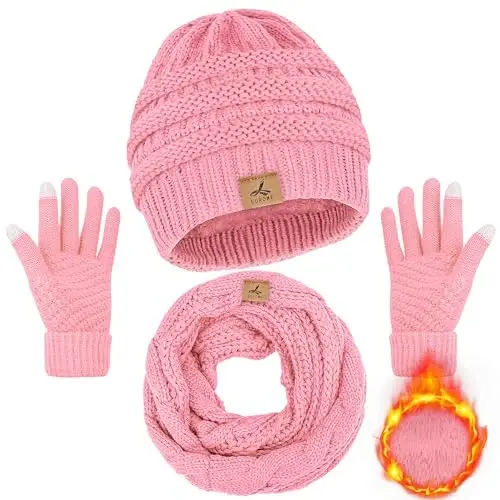 Winter Beanie Hat Scarf Gloves, Warm Fleece Knit Hats Touch Screen Gloves Neck Scarf Set Winter Gifts for Unisex Adult - 1