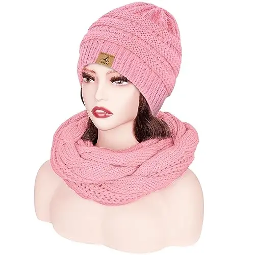 Winter Beanie Hat Scarf Gloves, Warm Fleece Knit Hats Touch Screen Gloves Neck Scarf Set Winter Gifts for Unisex Adult - LOROME (1)